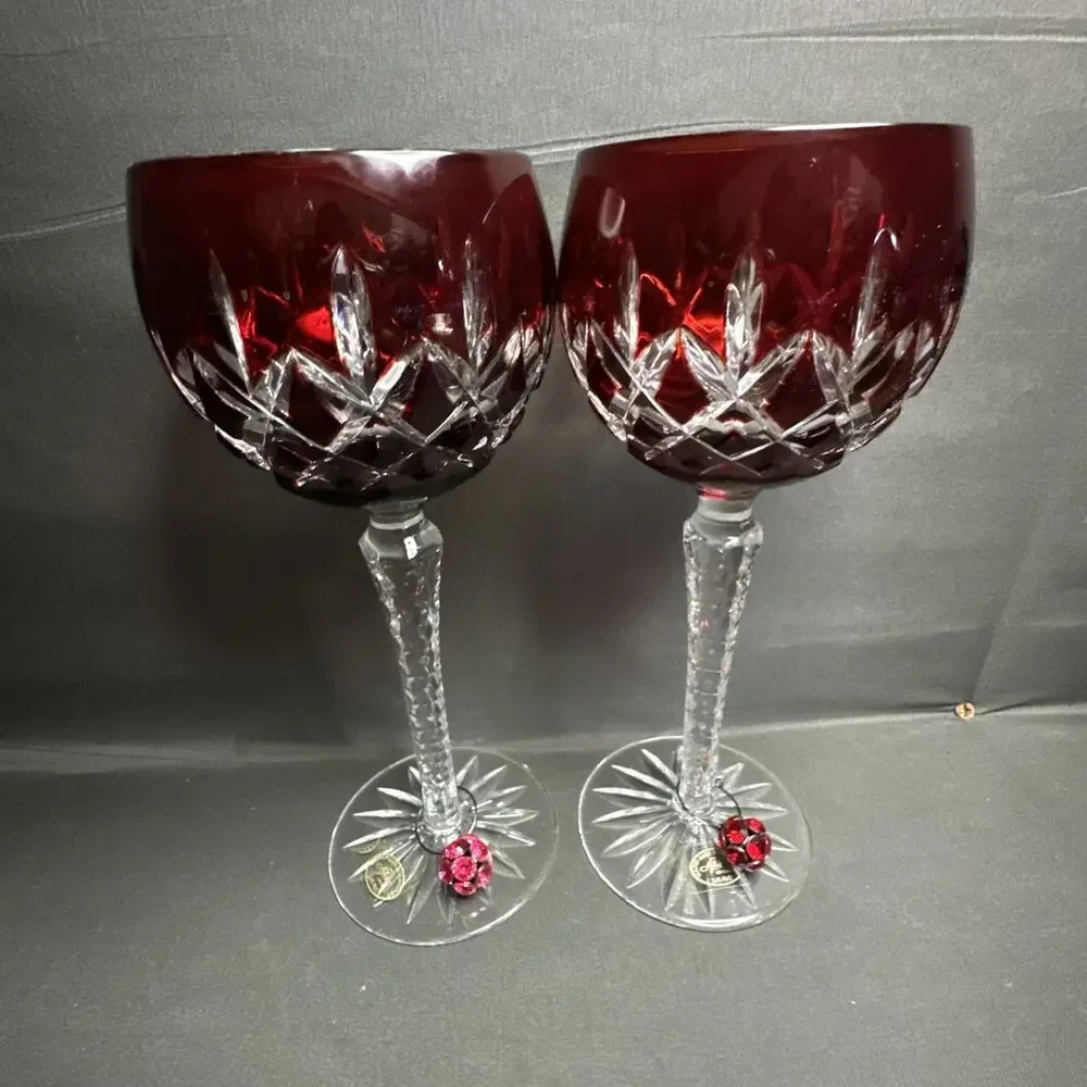 8 Ajka Crystal Cobalt Blue, Red,Green,Purple Cut-to-Clear Hock Wine Glass